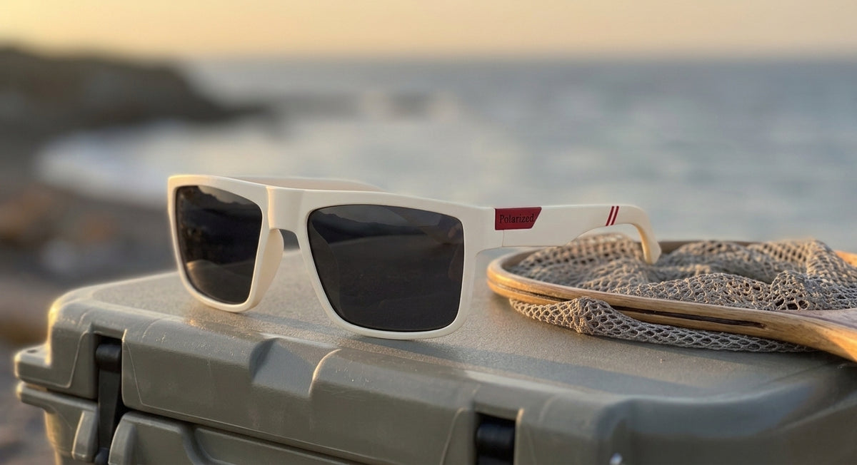 Lunettes polarisantes gris fumé à monture blanche et rouge posées sur un caisson de pêche, épuisette à côté, bord de mer au coucher de soleil
