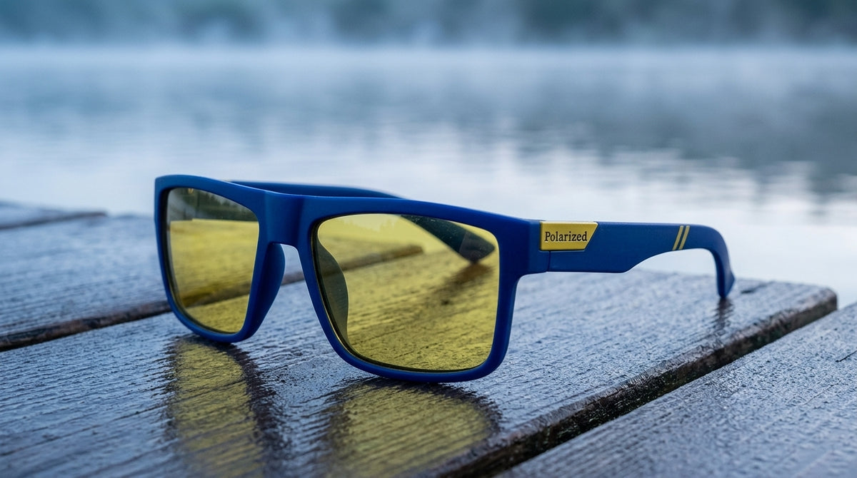 Lunettes polarisantes à verres jaunes et monture bleue posées sur un ponton en bois humide à l'aube, brume sur l'eau