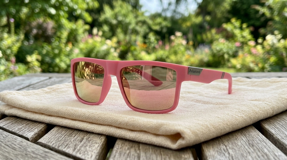 Lunettes polarisantes à miroir rose et monture rose posées sur une serviette claire, jardin en arrière-plan