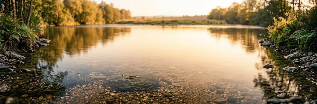 Rivière de plaine à la lumière du soir, vue au ras de l'eau : les galets du fond sont visibles au premier plan, la surface se referme en reflet doré au loin