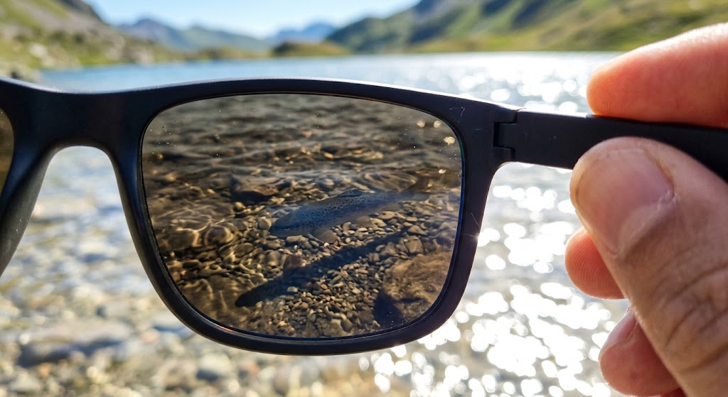 Vue à travers un verre polarisant : le fond du lac et une truite deviennent visibles, alors que l'eau alentour reste éblouissante