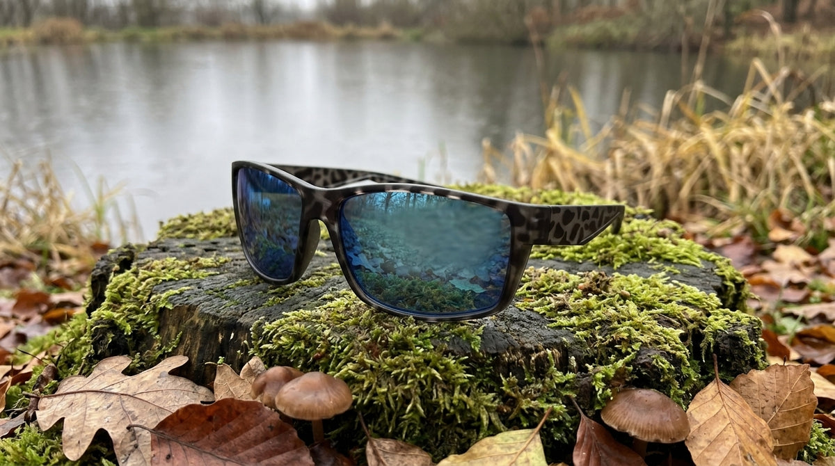 Lunettes polarisantes à miroir bleu et monture camouflage posées sur une souche moussue au bord d'un étang, feuilles mortes autour
