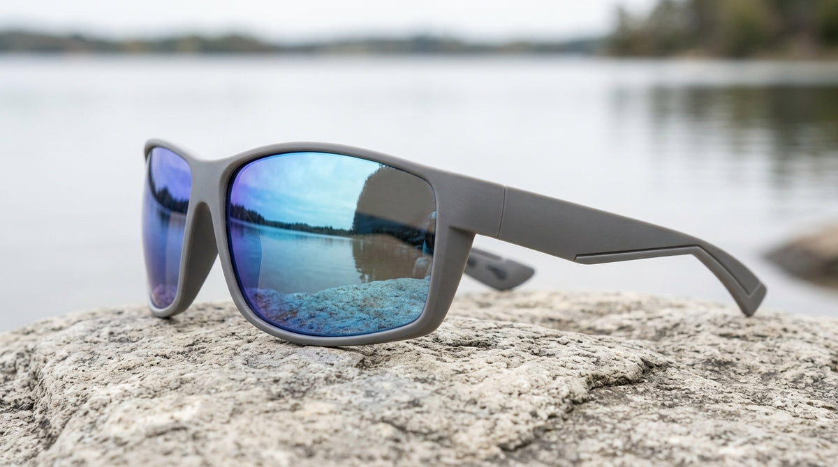 Lunettes polarisantes à miroir bleu glacier et monture grise posées sur un rocher clair au bord d'un lac