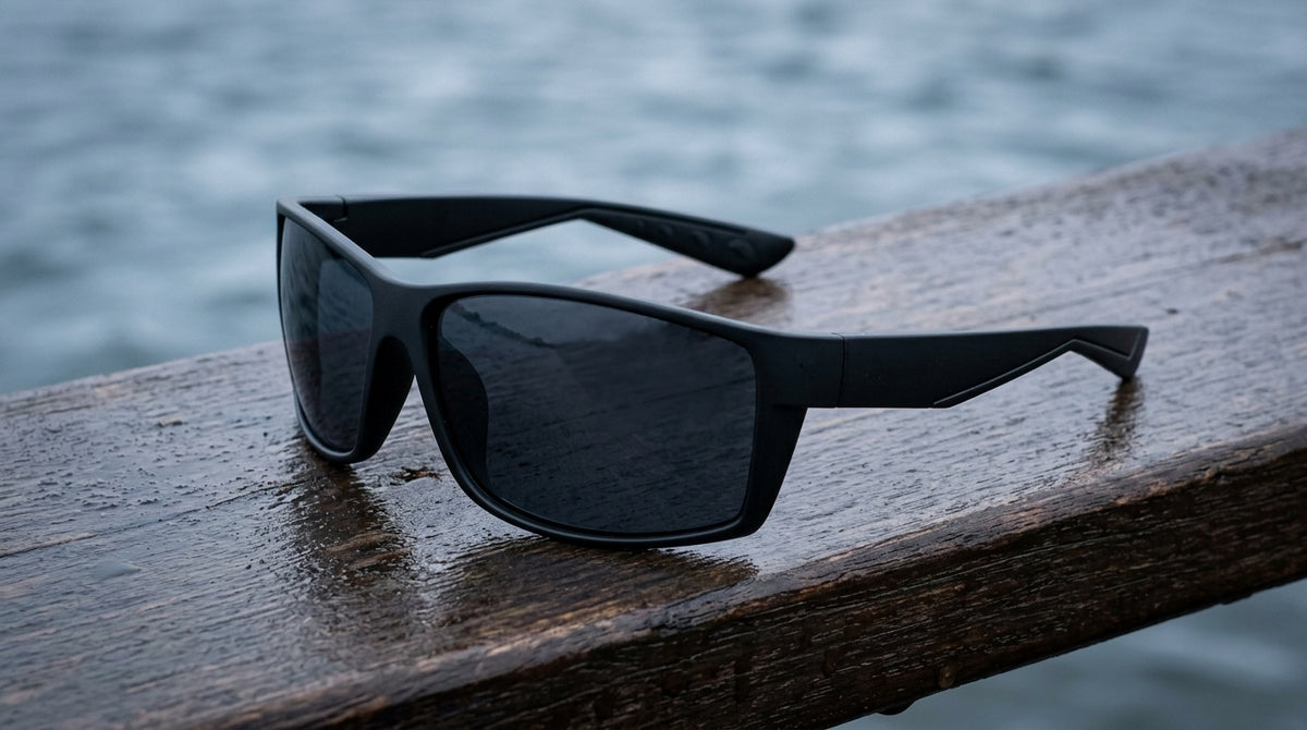Lunettes polarisantes gris fumé à monture noire mate posées sur une poutre de bois humide au bord de l'eau