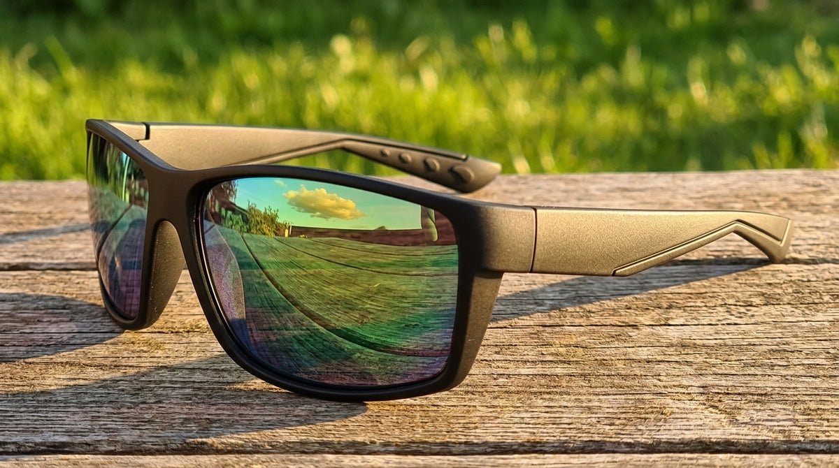 Lunettes polarisantes à miroir vert posées sur une planche de bois brut, herbe haute et lumière de fin d'après-midi en arrière-plan