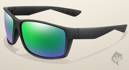 Lunettes de pêche polarisantes à miroir vert, monture noire mate