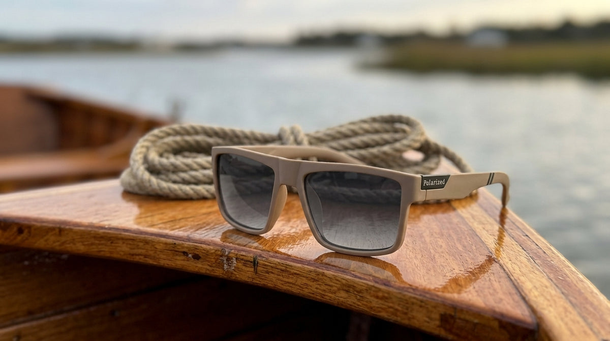 Lunettes polarisantes gris fumé à monture kaki posées sur le plat-bord en bois verni d'une barque, un cordage lové derrière, estuaire en arrière-plan