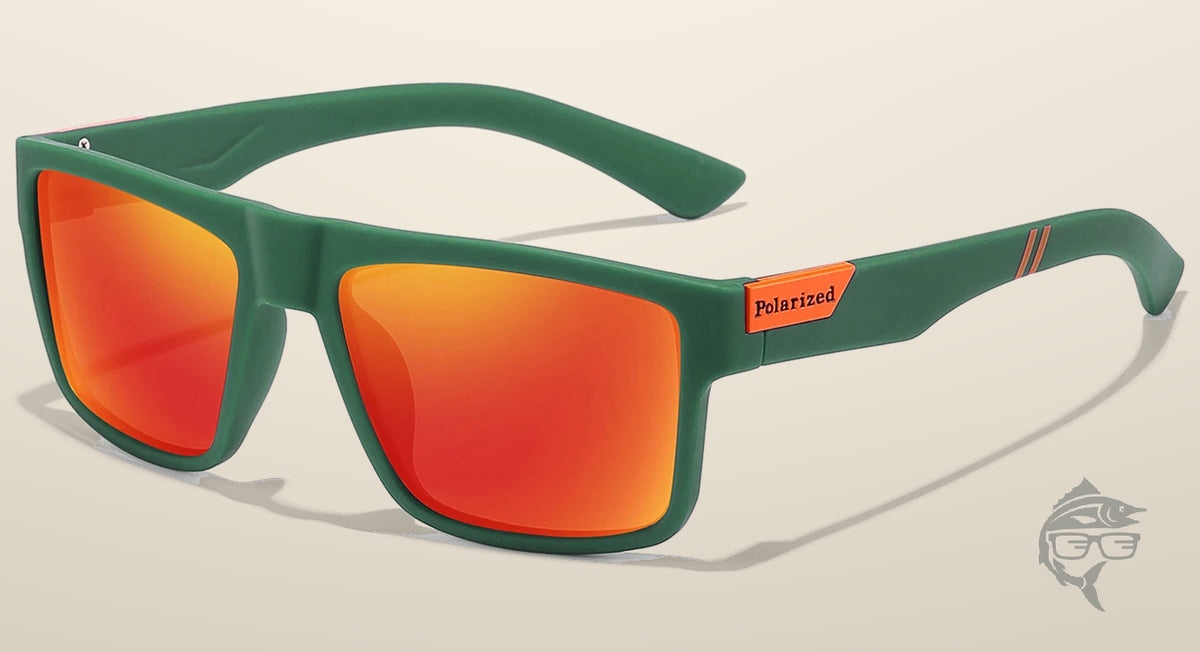 Lunettes de pêche polarisantes à miroir rouge, monture vert foncé mate