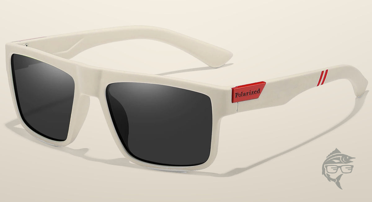 Lunettes de pêche polarisantes à teinte gris fumé, monture blanche à filets rouges