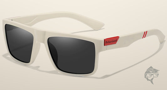 Lunettes de pêche polarisantes à teinte gris fumé, monture blanche à filets rouges