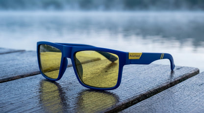 Lunettes polarisantes à verres jaunes et monture bleue posées sur un ponton en bois humide à l'aube, brume sur l'eau