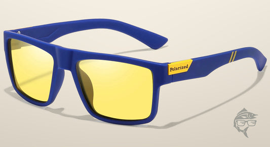 Lunettes de pêche polarisantes à teinte jaune, monture bleue mate