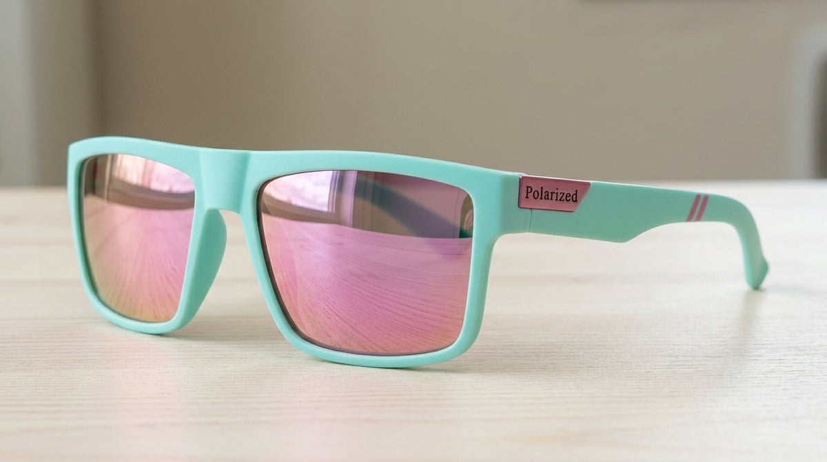 Lunettes polarisantes à miroir rose et monture vert menthe posées sur un plan de bois clair