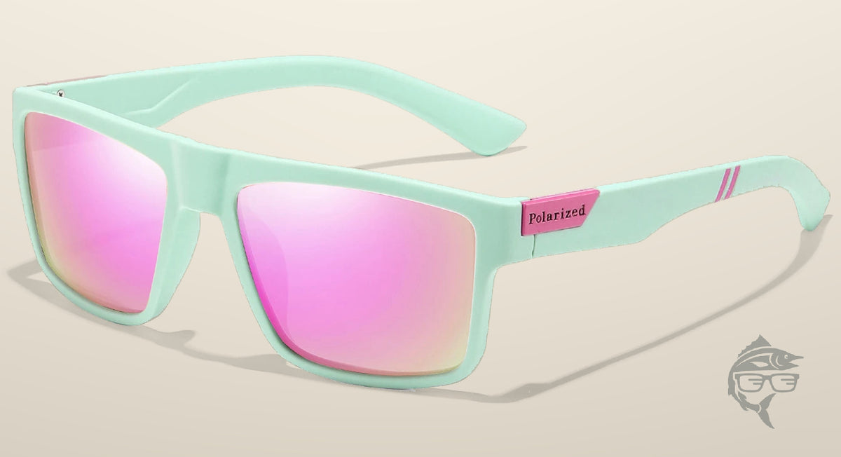 Lunettes de pêche polarisantes à miroir rose, monture vert menthe mate